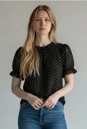 J. Crew Black Gold Dot Sheer Puff‎ Sleeve Smocked Neck Blouse Top Size M thumbnail 1