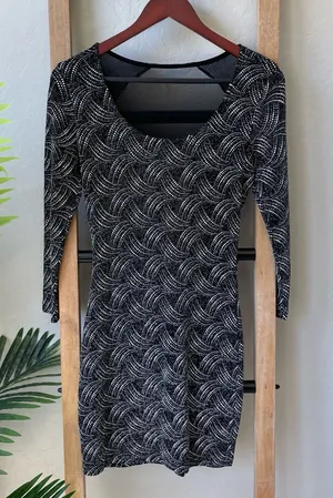 Foreign Exchange Black & White Beaded Patterned Long-Sleeve Dress thumbnail 1