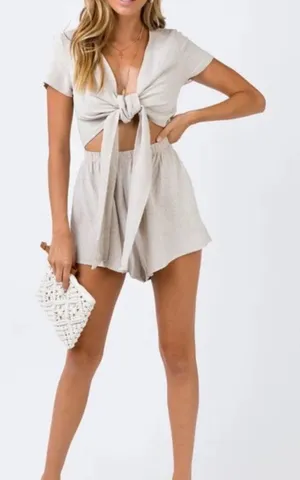 Princess Polly Ragnar Neutral Tie-Front Romper in Light Beige Size 6 thumbnail 1
