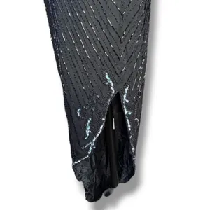 Vintage Black Beaded Sequin Evening Gown Maxi Dress Art Deco Formal Glam Elegant thumbnail 6