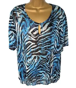 Chico’s Zebra Burnout Blouse Sheer Keyhole Neck Blue 3 thumbnail 1