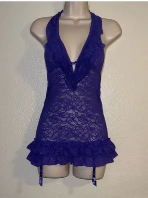 Victorias Secret The Lacie Sheer Lace Halter Babydoll Lingerie Purple Size Small thumbnail 2