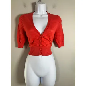 Banana Republic Womens M Coral Red Cotton Cropped‎ Short Sleeve Cardigan Sweater thumbnail 2