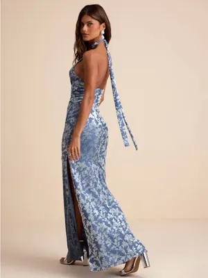 Lulus Sharon Slate Blue Velvet Burnout Halter Maxi Dress - Size XL thumbnail 3