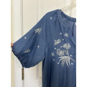 Anthropologie Kindred Chambray Embroidered Denim Mini Dress S Ruffle Hem Prairie thumbnail 4
