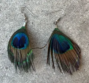 Peacock feather fishhook earrings Blue thumbnail 1