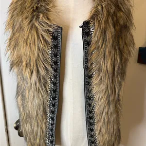 Miss Me Faux Fur Vest with Black beaded Trim Sz L thumbnail 2