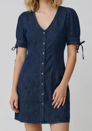 Sim & Sam Short puff Sleeve w/ Bows Button-Front Denim Dress coquette western thumbnail 1