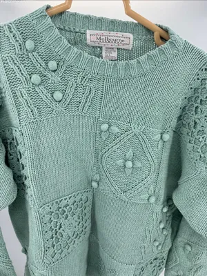 Melbourne Elements Pom Pom crochet Knit Patchwork Sweater sage L cottage thumbnail 5