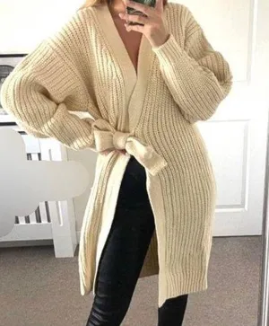 Chunky Cardigan Large Belted Beige Midi Length Length thumbnail 1