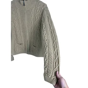 Lands End Womens M 10-12 Tan Cable Knit Cotton Full Zip Cardigan Sweater thumbnail 3