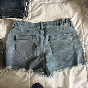 REWASH Blue denim shorts with frayed hem and distressed details #summer thumbnail 2