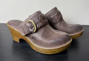 Born Brown Chunky Leather Braided Buckle Platform Clogs Mules Heels Womens 7 thumbnail 1