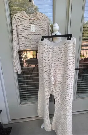 NWT Sincerely Jules Beige 2 Pc Open Knit set Hooded Flare Pants XL Vacation thumbnail 1