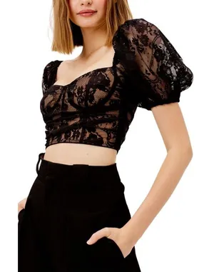 For Love & Lemons Rosalie Crop Top Black Floral Lace Puff Sleeve Bustier M NWOT thumbnail 1