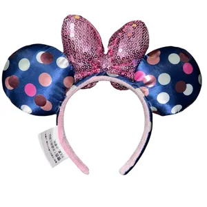 Disney Parks Minnie Mouse Navy Blue Polka Dot Ears Pink Sequin Bow Headband USA thumbnail 2