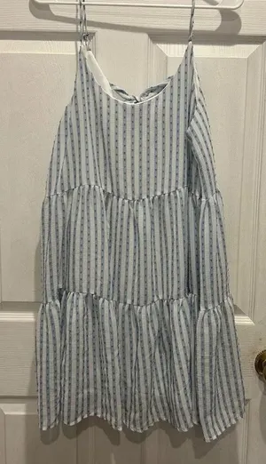 Blu Pepper Blue White Striped Swiss Dot Tiered Mini Dress Large‎ Tie Back Beach thumbnail 1