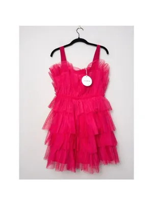 NWT Storia Tulle Tiered Mini Dress M Pink Babydoll Ruffle Satin Strap thumbnail 3