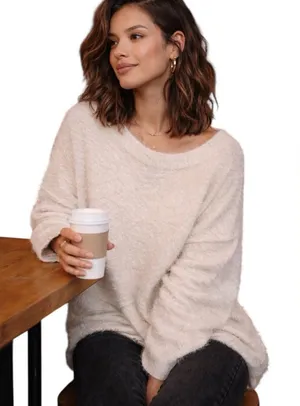 Free People Harrison Bunny Crew Neck Sweater Oversized Cream Womens Medium thumbnail 1