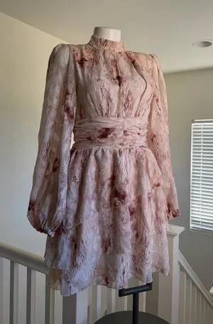 Women's Pink Floral Long-Sleeve Tiered Mini Dress thumbnail 1