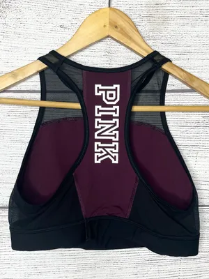 VS PINK Burgundy Crop Top Sports Bra Unlined Racerback Spell Out Logo Size Large thumbnail 8
