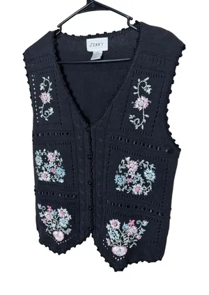 Vintage JENNY Black Embroidered Floral Button‎ Front V-Neck Knit Vest M thumbnail 1