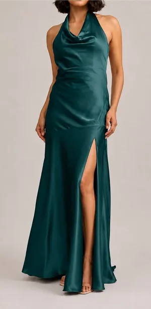 Revelry Amaya Emerald Green Satin Halter Open Back High Slit Formal Gown thumbnail 1