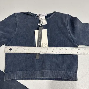 Zara Crop Top Crew Neck Pullover Stretch Long Sleeve Faded Blue Size XS Stylish thumbnail 6