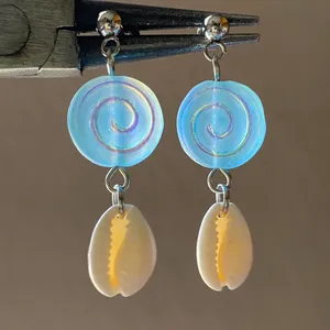 quality Czech glass beads snail shell & natural cowrie seashell dangle earrings 🌀💕 thumbnail 2