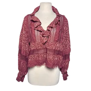 ANTHROPOLOGIE Women’s Boho Red Floral Lace Vneck Long Sleeve Top thumbnail 4