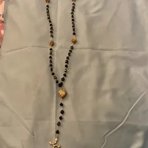 Rosary Necklace Silver Cross Black & Wood Photo Beads 20” Long thumbnail 6