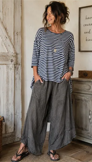 Umgee Oversized Striped Hi-Low Knit Top Medium Navy White Pocket Lagenlook thumbnail 1