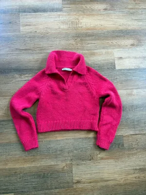 Zara Bright Fuchsia Collared Cropped V-Neck Sweater Size small Barbiecore thumbnail 4
