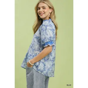 Umgee Floral Print Puff Sleeve Top - Blue - Small thumbnail 2