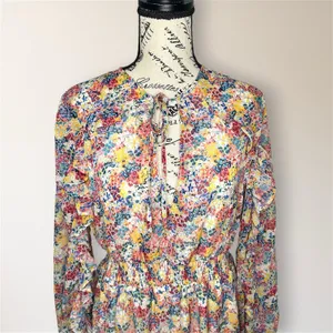 Zara Pink Blue Floral Ruffle Mini Dress Long Sleeve Smocked Tiered‎ Boho Travel thumbnail 4