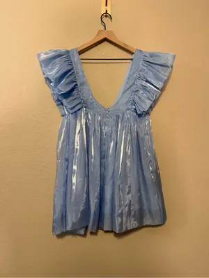 Storia Deep V-Neck Sheen Mini Dress in Sky Blue Size Medium NWT thumbnail 6