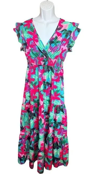 Womens Shein Beautiful Floral Print Cap Sleeve Flutter Boho Maxi Dress - Sz L thumbnail 1