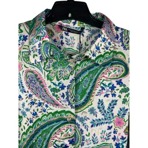 Zara Blouse XXL Paisley Floral Button Front Long Sleeve Shirt Green Pink NWT thumbnail 4