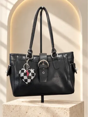 Coach Leather Medium Tote Bag Black with Heart Charm Shoulder Handbag thumbnail 2