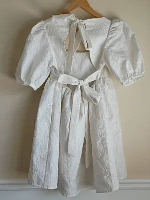 White Textured Mini Dress with Puff Sleeves and Square Neck thumbnail 4