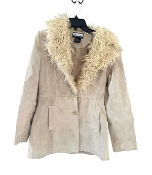 Wet Seal Vintage Y2k Tan‎ Leather Suede Jacket Shaggy Faux Fur Collar Penny Lane thumbnail 1