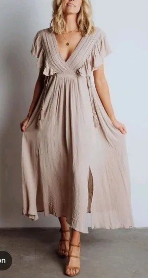 Baltic Born Jennifer Deep V Maxi Dress Small Taupe Crochet Flutter Sleeve Boho L thumbnail 1