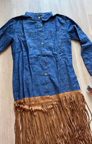 Set sunglasses & Blue Chambray Shirt Dress with Brown Faux Suede Fringe Hem - M thumbnail 1