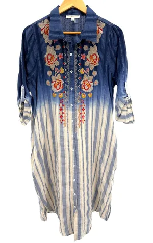 Andree by UNIT Blue Ombre Striped‎ Floral Embroidered Cotton Tunic Dress Small thumbnail 1