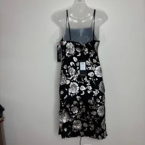 Anthropologie Goldie metallic Floral Sequin Mini Dress black mesh adjustable straps NWT XS thumbnail 3