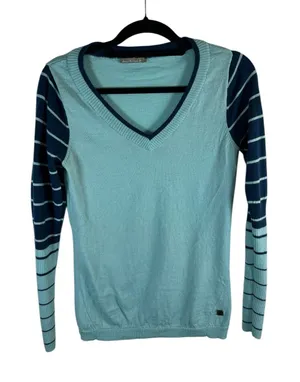Smartwool Womens Merino Wool V-Neck Striped Sleeve Sweater Light Blue Navy‎ thumbnail 1