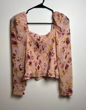 Express Women's Long Sleeve Floral Print Smocked Peplum Blouse thumbnail 1