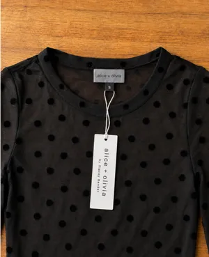 Alice + Olivia S NWT Black Flocked Polka Dot Semi Sheer Mesh Long Sleeve Top thumbnail 5