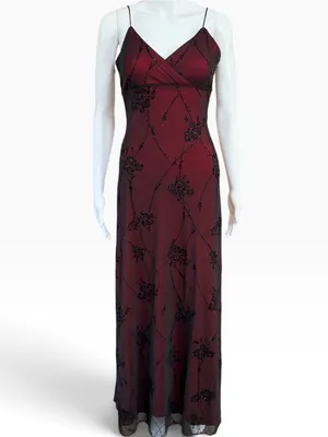 Vintage Cache 90s Burgundy Black Beaded Mesh Maxi Dress Whimsigoth Goth Vampy thumbnail 2