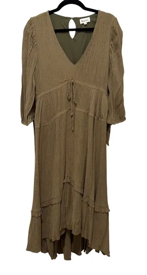 &merci Olive Green Tiered Midi Dress V-Neck High-Low Boho L thumbnail 1